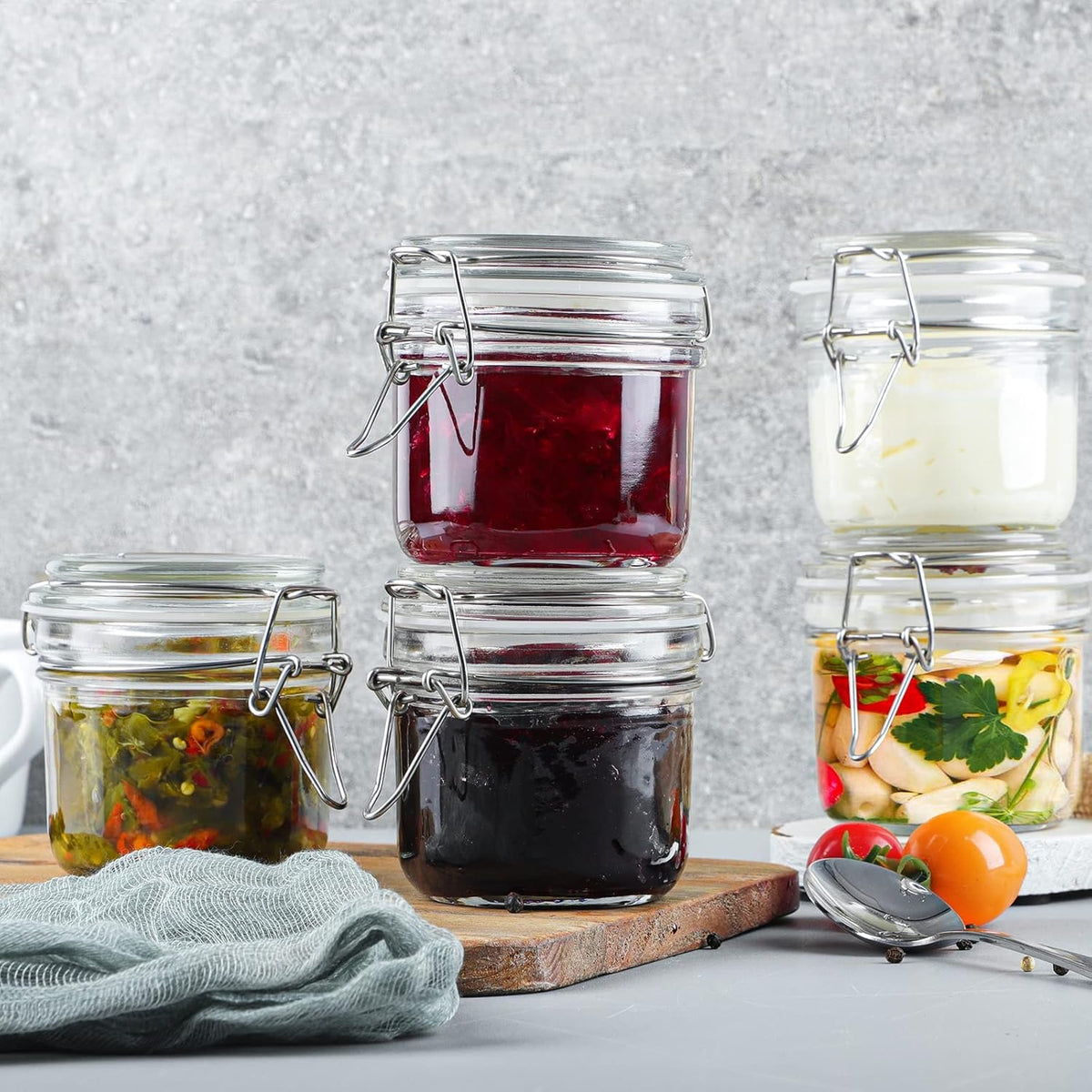 Folinstall 7 oz Glass Jars with Airtight Lids 12 Pcs, Small Mason Jars with Hinged Lids for Kitchen Storage, Canning and Pantry, Includes 3 Replacement Silicone Gaskets and Chalkboard Labels