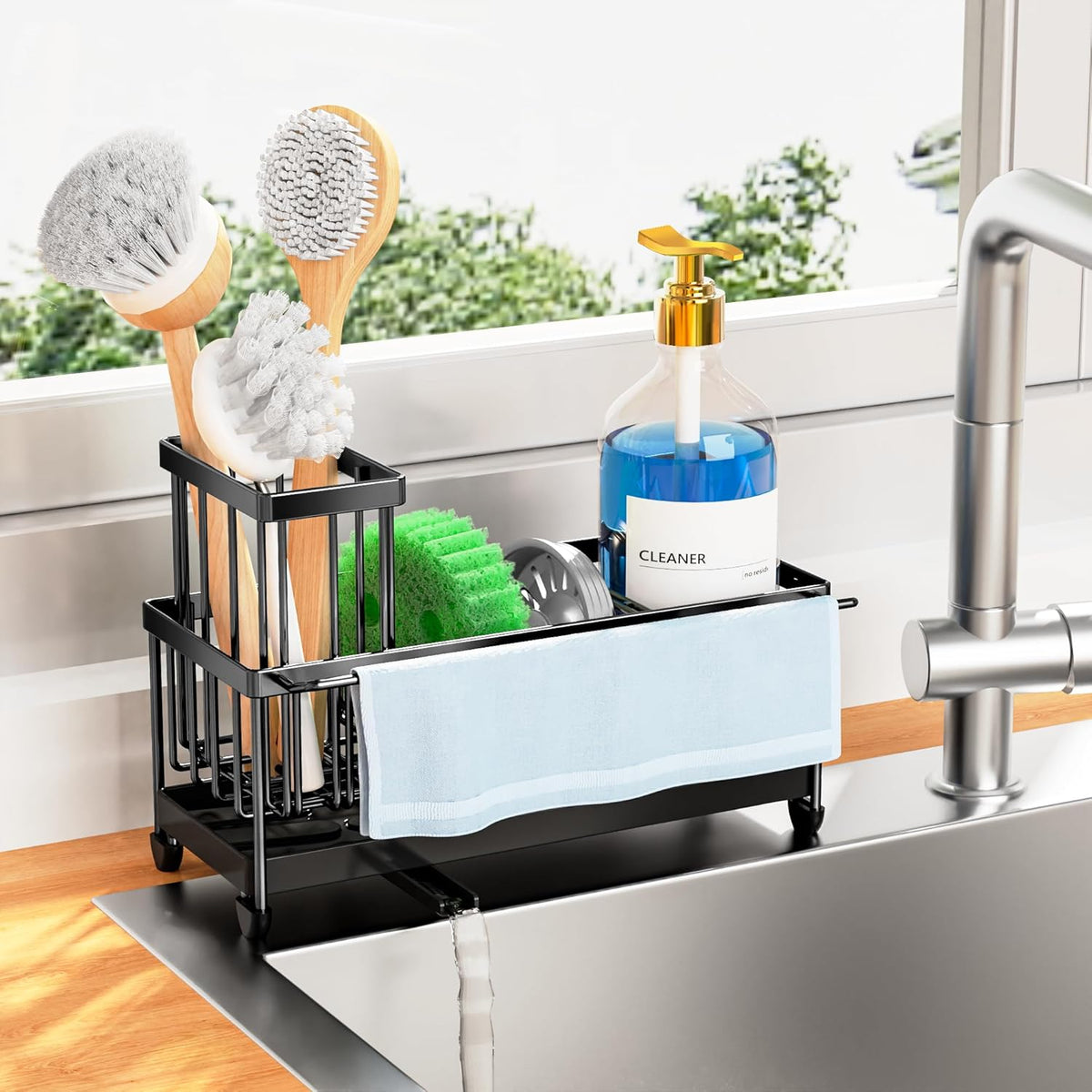 Cisily Sponge Holder for Kitchen Sink with Towel Rack, Sink Caddy with Kitchen High Brush Holder, Organzier Rustproof 304 Stainless Steel Dish Organizer Divider, Soap Dispenser Storage