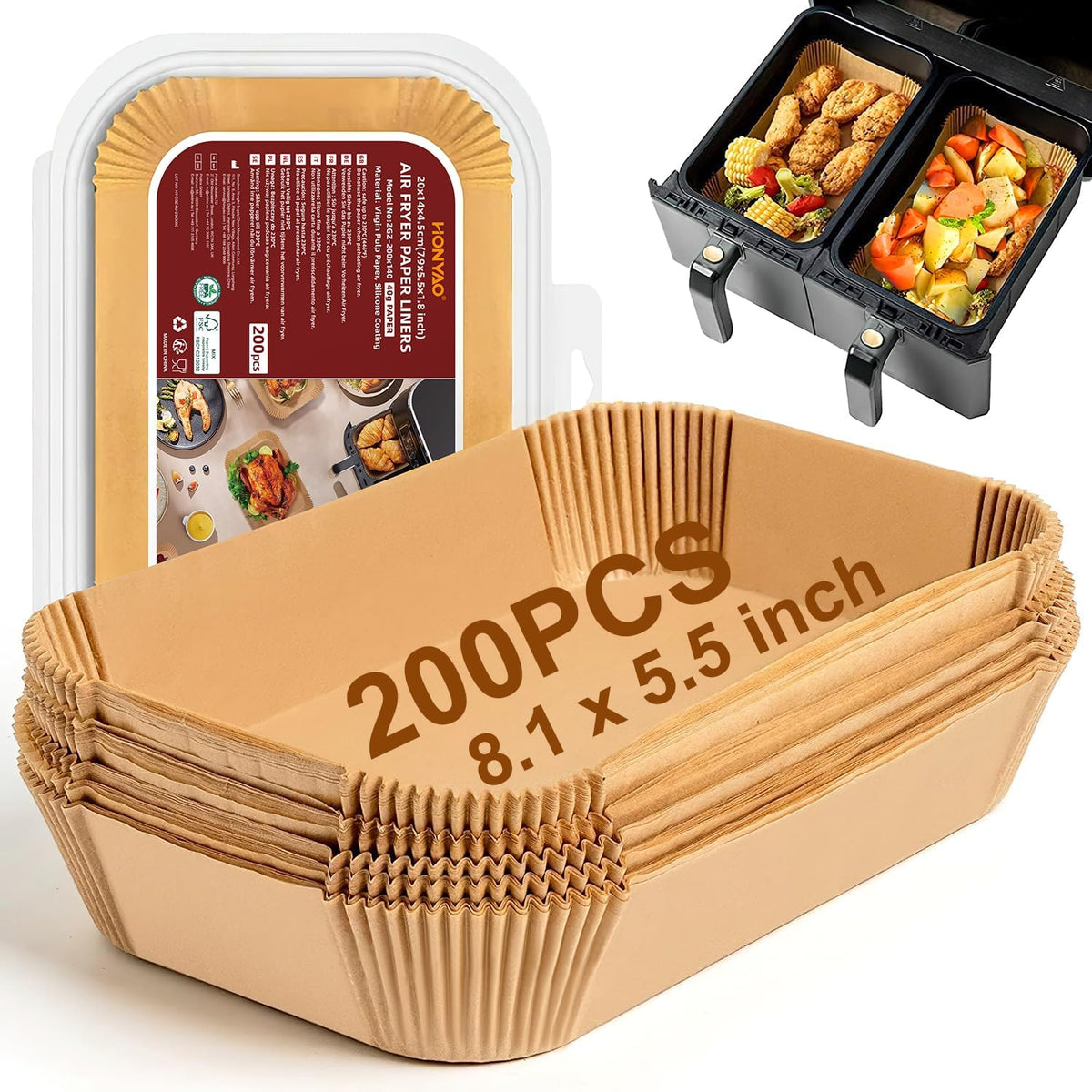 Air Fryer Paper Liners for Dual Zone Airfryer, 200pcs 8.1x5.5 inch Rectangle Disposable Inserts for Ninja Foodi DZ201 DZ401 DZ550 other 8-10 qt 2-Basket Air Fryers, Food Grade BPA Free