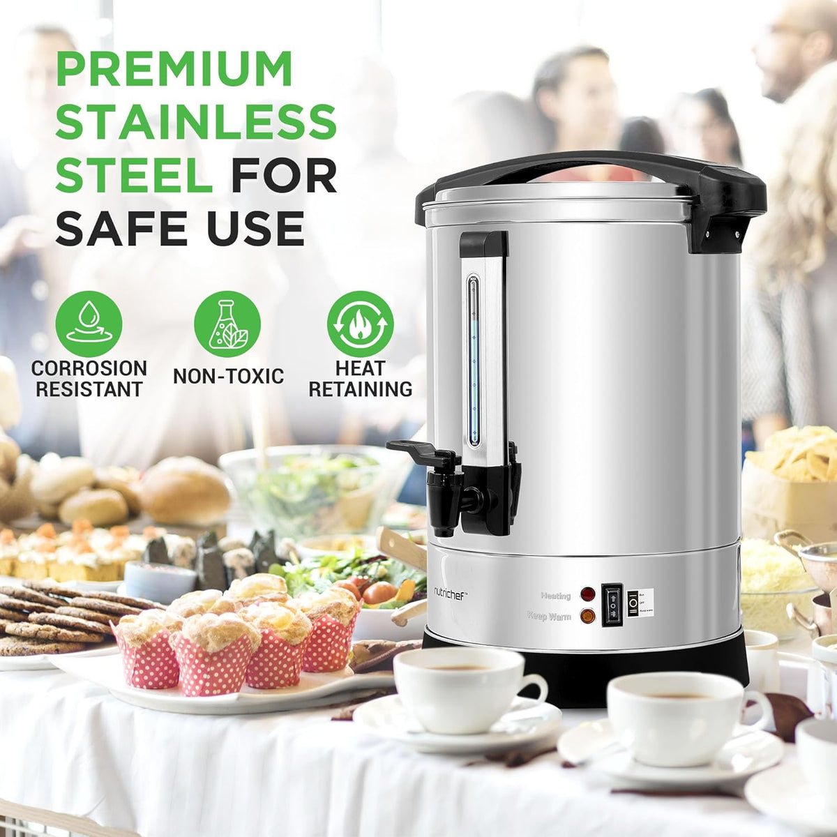 NutriChef Water Boiler and Hot Water Dispenser, 13L Electric Beverage Dispenser with Safety Lock Lid, Non-Drip Tap, Warm Function, Food Grade Stainless Steel, Home and Commercial Use, 20x11x11 in.