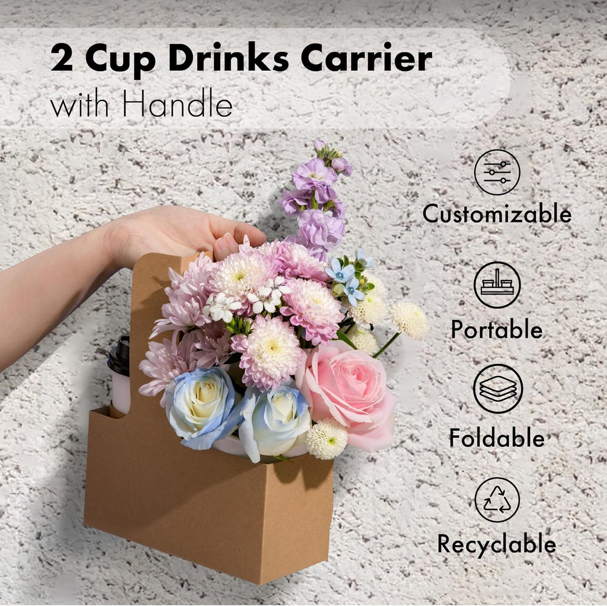 FMP Brands 2 Cup Disposable Drink Carrier with Handle, 60 Pack Kraft Paperboard Handled Drink Carriers 12-30 oz to Go Coffee Cup Holder, Cup Carrier for Cold Hot Drinks, Takeout, Cafe