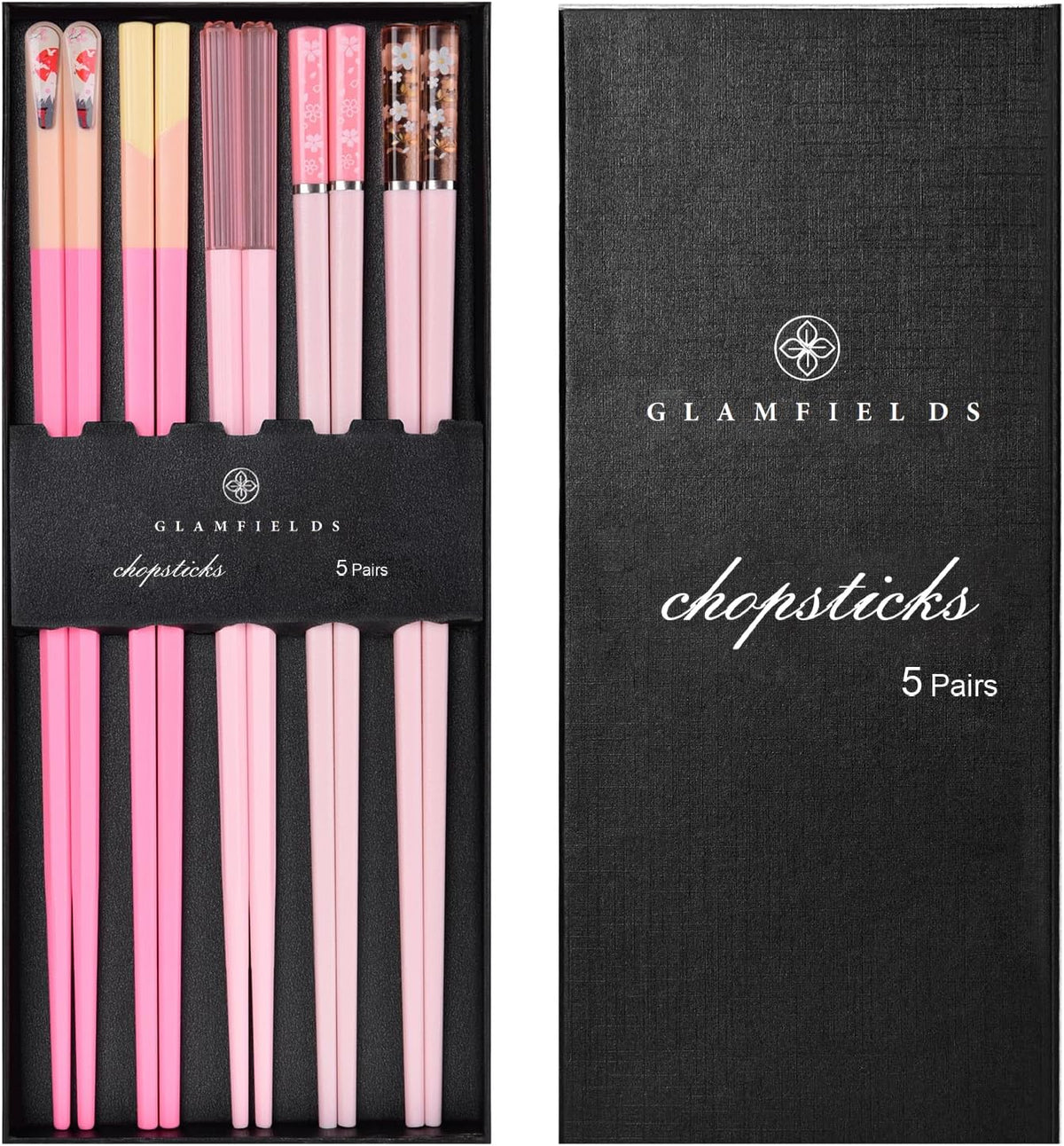 Chopsticks Reusable Dishwasher Safe, GLAMFIELDS 5 Pairs 9.5 Inches Premium Chop Sticks Set for Sushi, Ramen, Asian Cuisine, Matte Non-slip with Gift Case, Pink