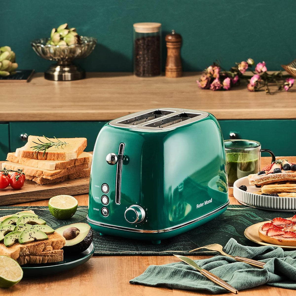 2 Slice Toaster Retro Stainless Steel with Bagel, Cancel, and Defrost Functions, 6 Bread Shade Settings, Extra Wide Slots and Removable Crumb Tray, Green