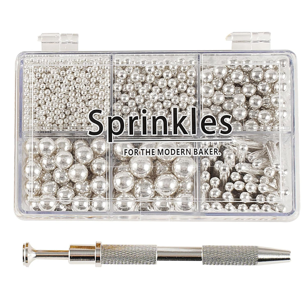 Kasvan silver Mix Sugar Sprinkles - Edible Candy Pearls with 4-Claw Sprinkle Pen,118g/4.16 Oz, Gift Box Pack, Baking Cake Decorations, Ice Cream Toppings and Cookie Decorating, Wedding Party Chirstmas Supplies