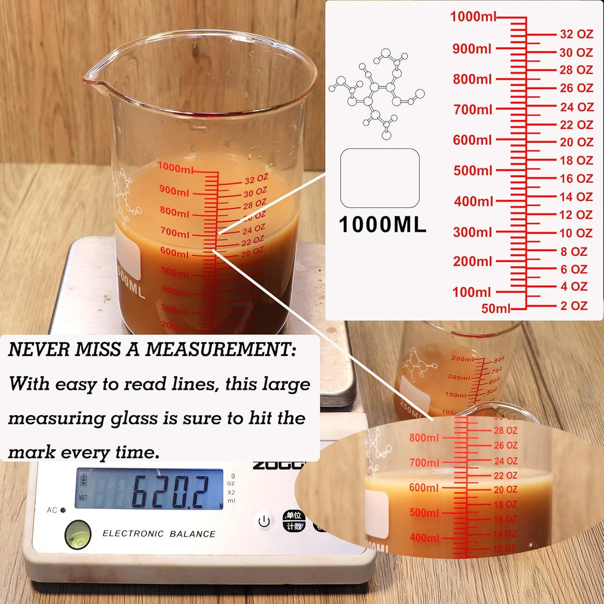 High Borosilicate Glass Measuring Cup Set-V-Shaped Spout,Includes 60ml(2OZ), 120ml(4OZ), 250ml(8OZ), 500ml(16OZ), and 1000ml (32OZ) for Kitchen or Restaurant, Easy to Read