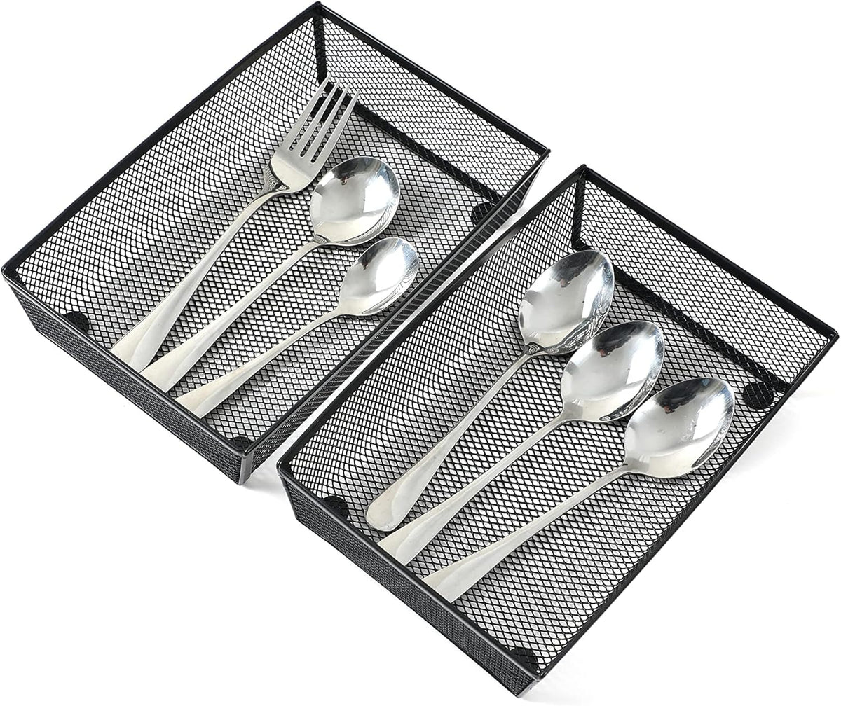 BYCY 4 Pack Silverware Drawer Organizer, Mesh Utensil Organizer for Kitchen Storage, Black Steel Metal Mesh Tray for Flatware Fork Spoon Knife (9 x 6 x 2 Inch,black)