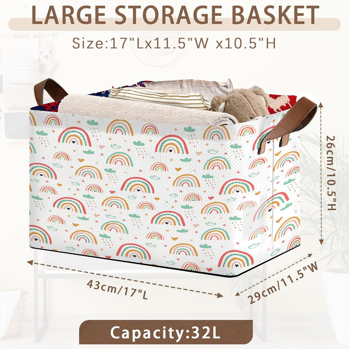 Rainbow Colors Storage Basket Large 17x11.5x10.5 Inche-Collapsible Fabric Organizer Bin with Handles for Kids Room, Nursery, Playroom-Foldable Decorative Hamper with Multicolor Arc Design-Single Pack