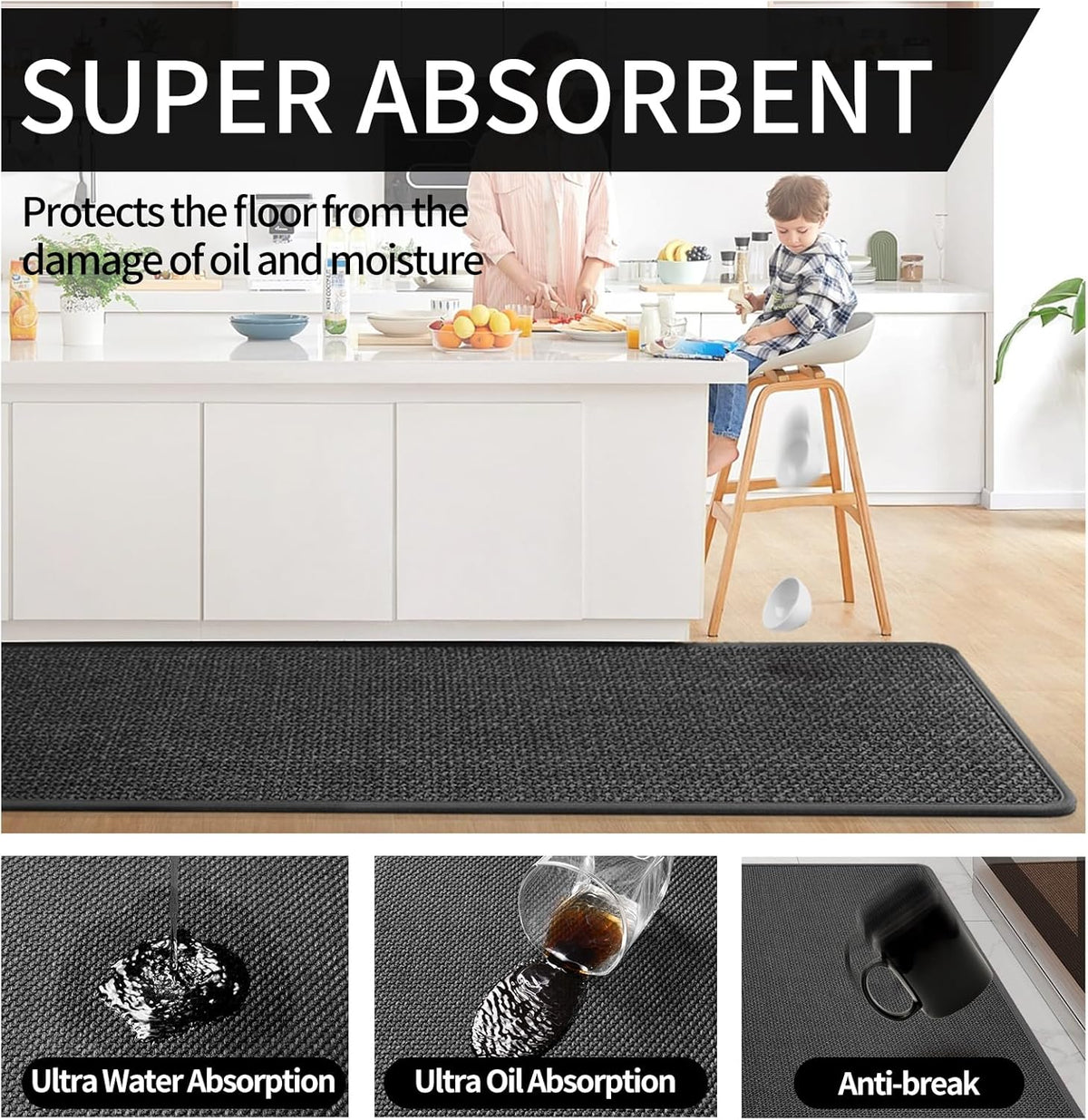 Kitchen Mats for Floor, Super Absorbent Kitchen Rugs Non Slip Washable, Soft Imitation Linen Braided Kitchen Runner Rug, Standing Mat Sink Mat, Easy to Clean, Black 17x47