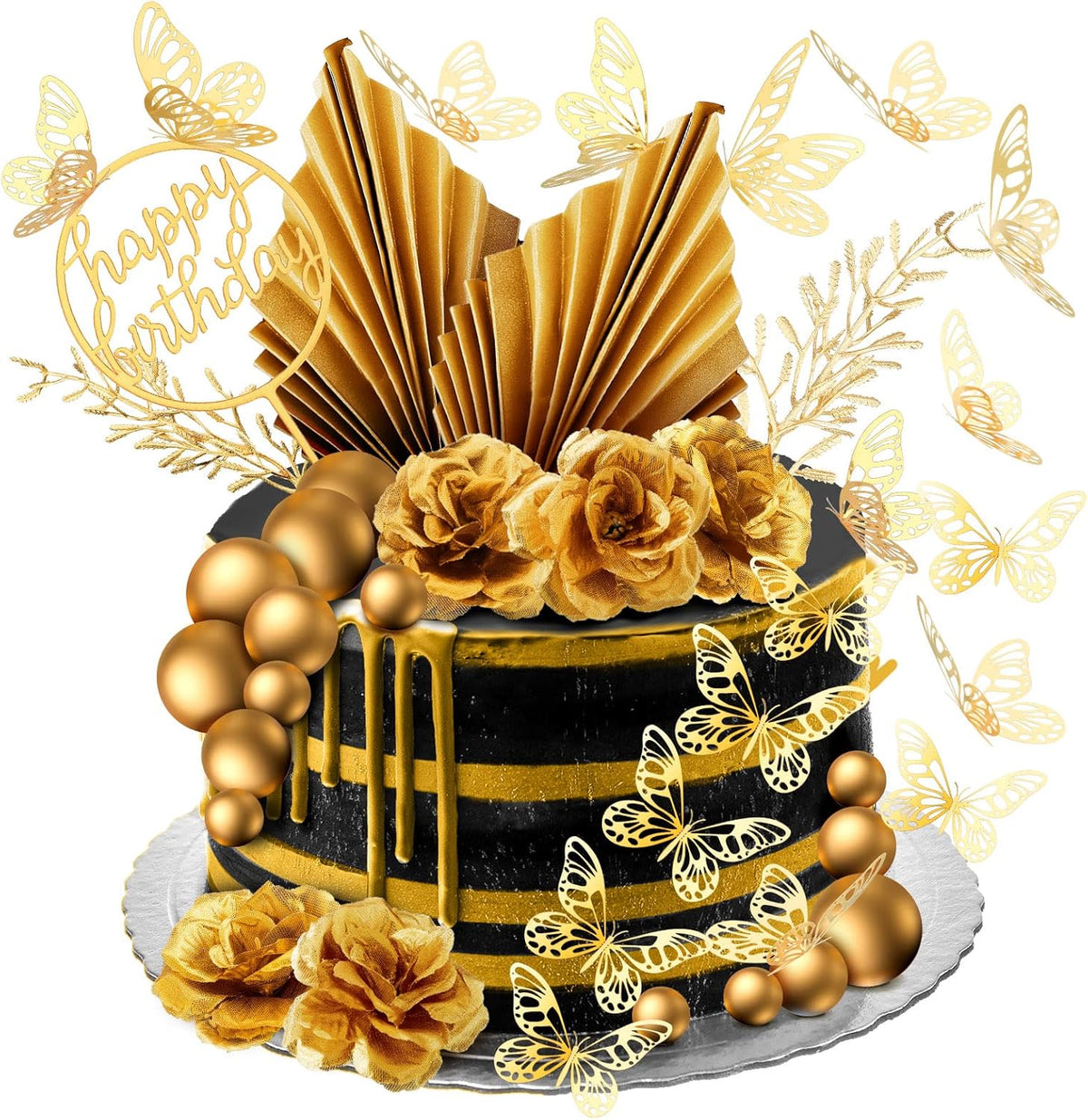 Shimeyao 52 Pcs Wedding Birthday Gold Cake Decoration Boho Cake Topper Pink Purple Flower Butterfly Palm Leaves Balls Toppers for Women Baby Shower Party Decoration(Gold)