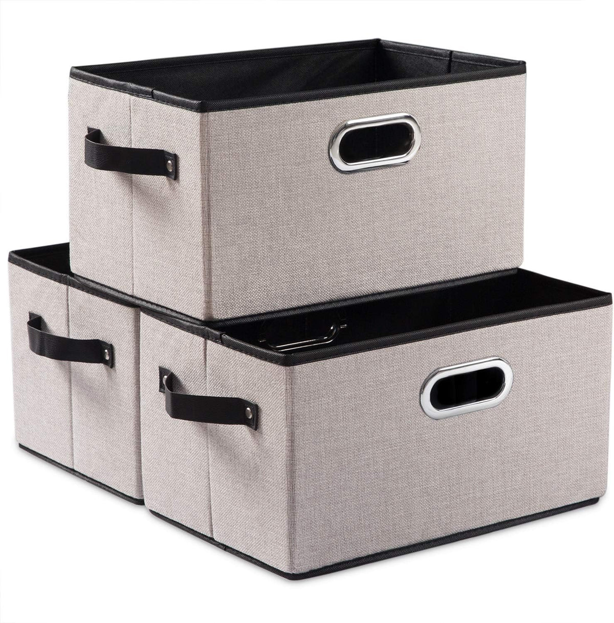 PRANDOM Fodable Storage Bins for Closet [3-Pack] Decorative Fabric Storage Baskets Cubes with Leather/Metal Handles for Shelves Bedroom Living Room Light Grey (11.5x8.5x6.7 Inch)