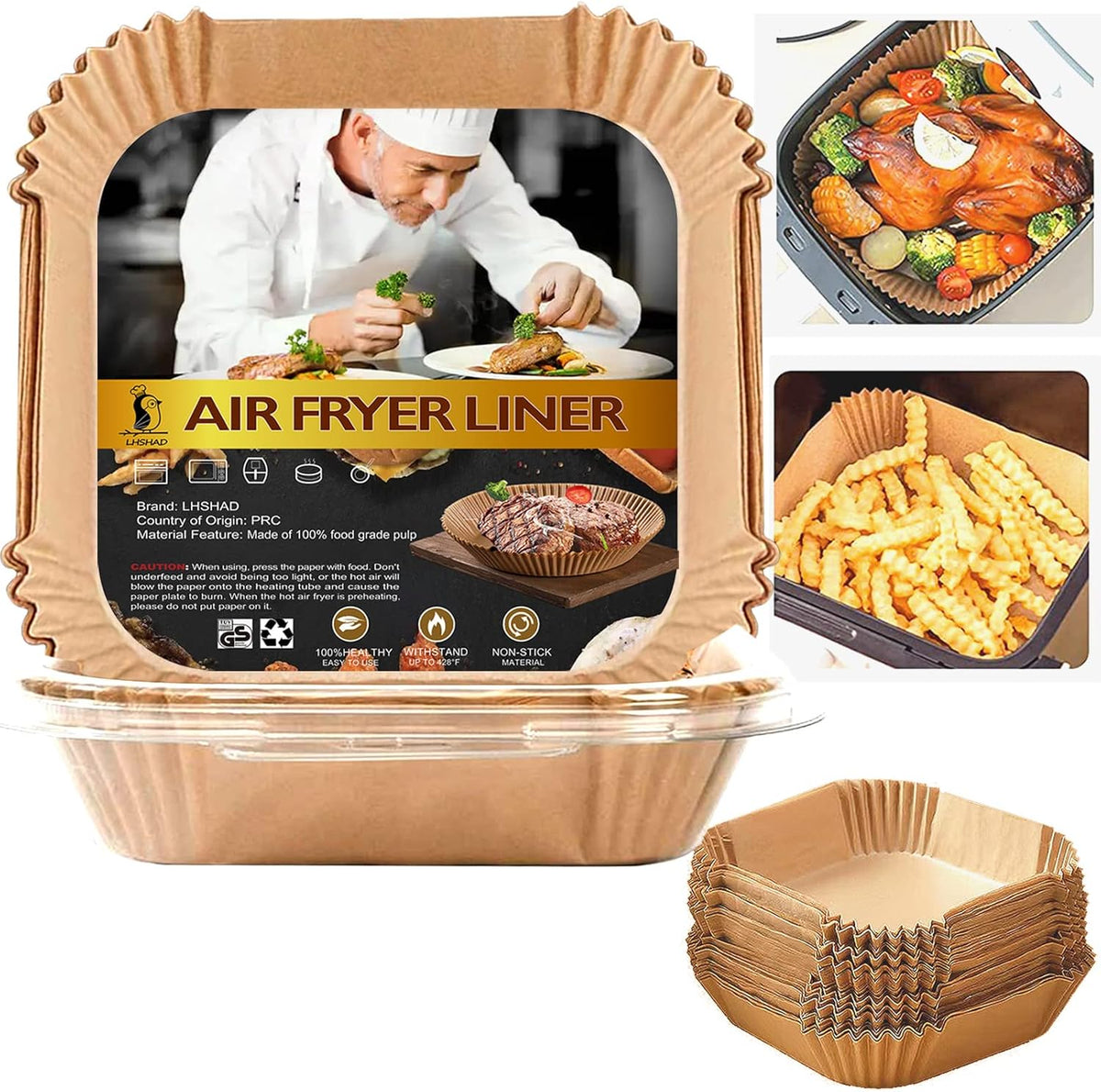 Air Fryer Disposable Paper Liner Square 10 Inch, 100Pcs Largest Square Air Fryer Paper Liners for 8-12QT Air fryer, Non-stick Food Grade Parchment Paper for Frying, Cooking, Roasting and Microwave