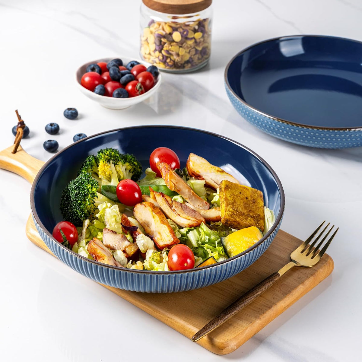 GBHOME 9.5'' Large Pasta Bowls, 42 Ounce Stoneware Salad Bowls for Kitchen, Ceramic Serving Bowls With Textured Pattern for Pasta,Fruit, Stews,Noodle, House-warming Gift, Set of 4-Moonlight Blue