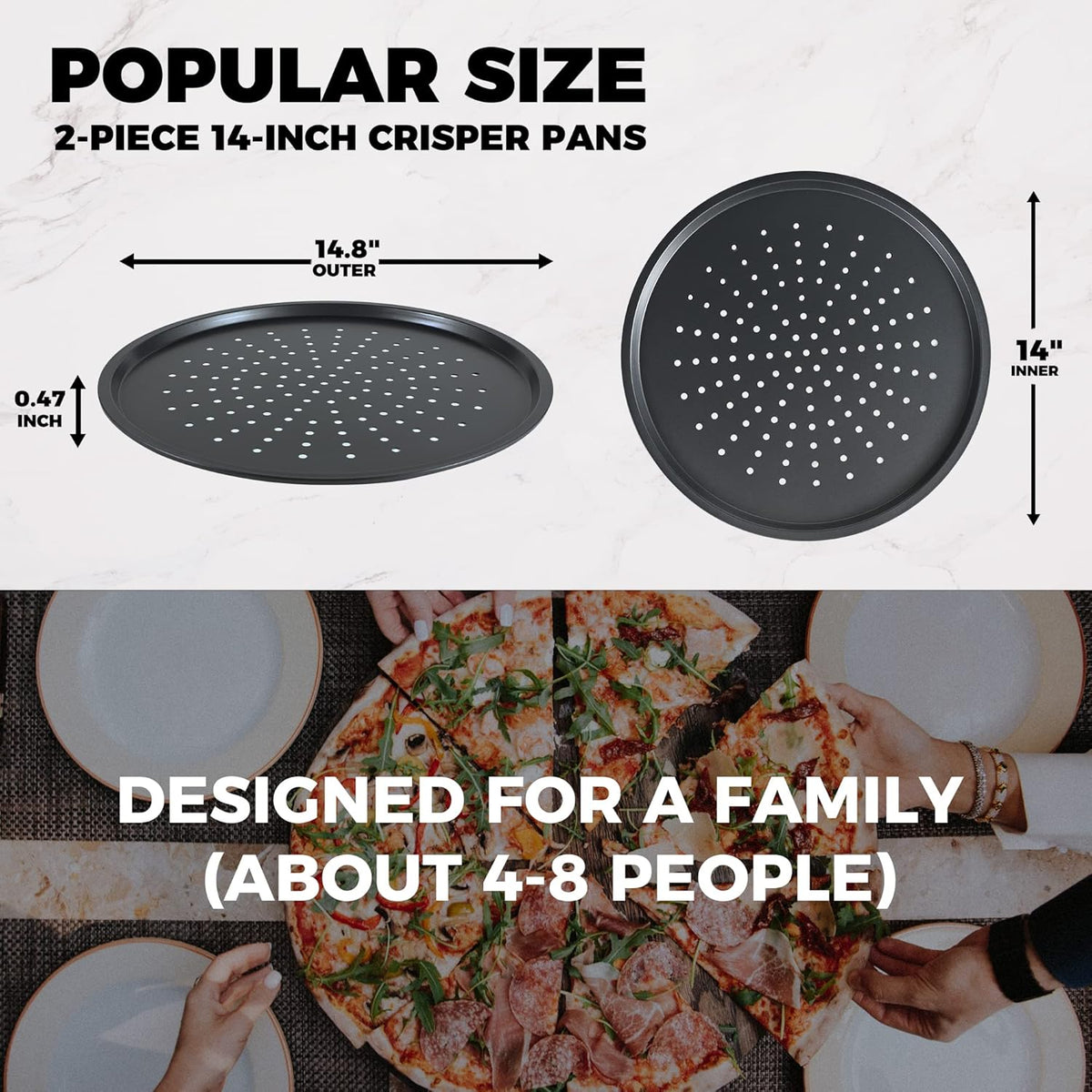 HONGBAKE 14.8 Inch Pizza Pan with Holes, 2 Pack Non-Stick Pizza Pan for Oven, Carbon Steel Perforated Pizza Tray, Crispy Pizza Set, Round Baking Sheet for Frozen & Homemade Pizza, Grey