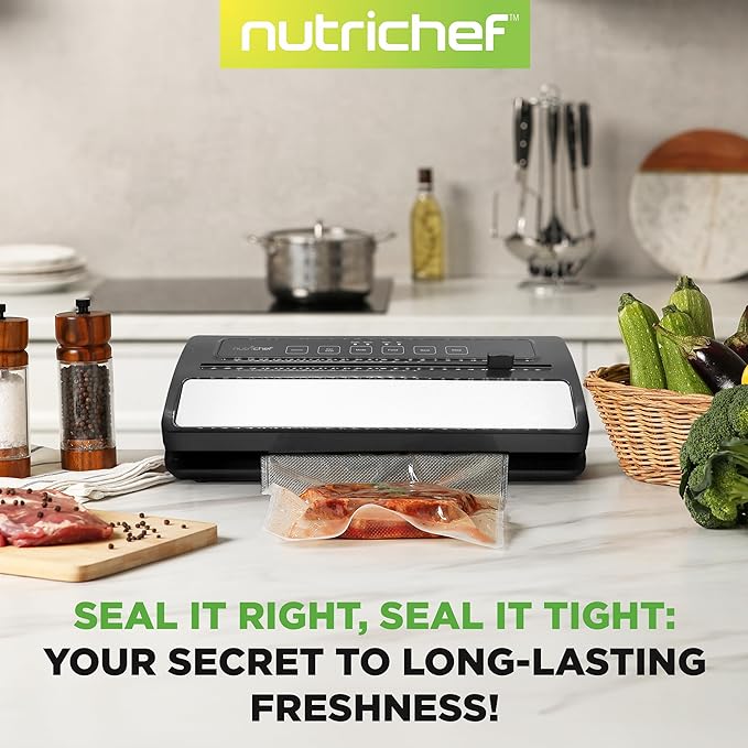 NutriChef Food Vacuum Sealer Machine, Stainless Steel & ABS Body, Automatic Sealing System for Dry and Moist Foods, LED Touch Controls, Includes Bags, Hose & Roll Cutter, 110W Suction Power, 14"x6"
