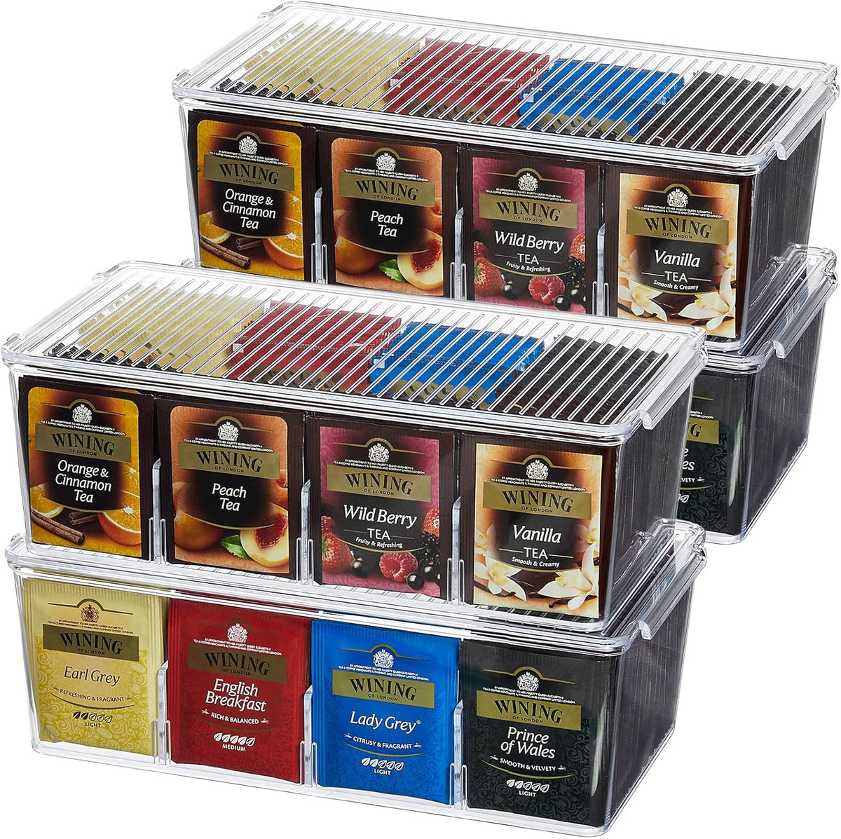 Lifewit 4 Pack Plastic Stackable Tea Bag Organizer, Divided Storage Bin Box for Kitchen Cabinets, Countertops, Pantry, Hold Coffee Pods, Sugar Packets, Condiments, Each for 8 Sections