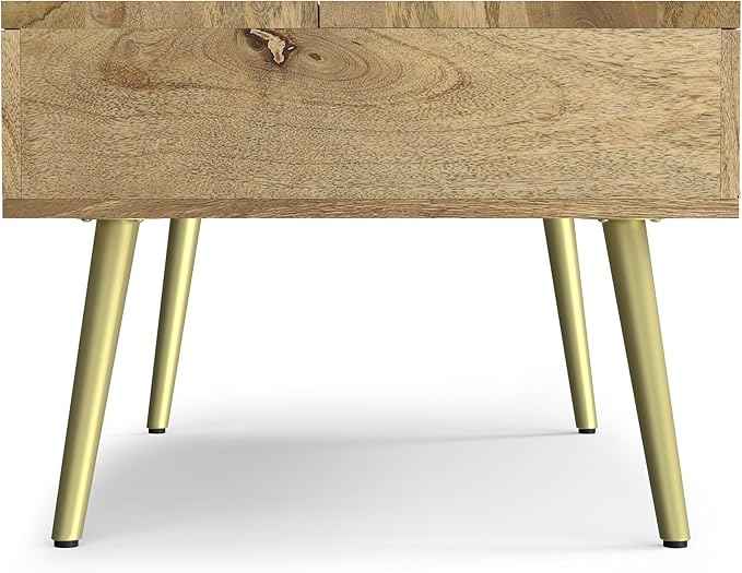 SIMPLIHOME Jager Lift Top Coffee Table - 36 inch Wide Solid Mango Wood Contemporary Modern Cocktail Table in Natural, Stylish Living Room Table with Hidden Storage, Brass Inlay, and Gold Metal Legs