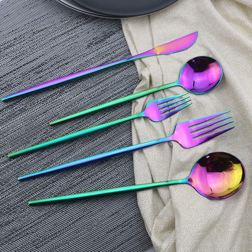 JASHII Shiny Rainbow Silverware Set, 30-Piece Stainless Steel Satin Finish Flatware, Kitchen Utensils, Mirror Polished Tableware Cutlery for Home and Restaurant, Dishwasher Safe