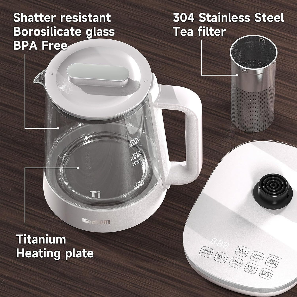 Titanium & Stainless Steel Electric Kettle with Tea Infuser and Temperature Control,1.5L Glass Tea Maker,1500W Rapid Boiling,Programmable Control for your Favorite Teas and Coffee-Grey