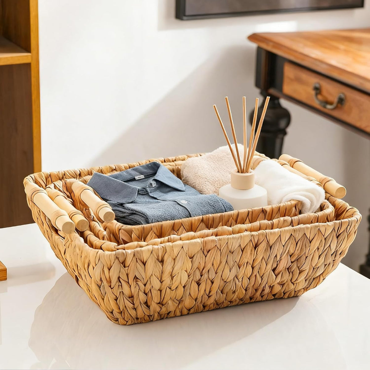Woven Storage Baskets – Set of 3 Handwoven Water Hyacinth Wicker Baskets with Wooden Handles for Organizing, Decorative Baskets for Laundry Room, Home Decor - Large, Medium & Small
