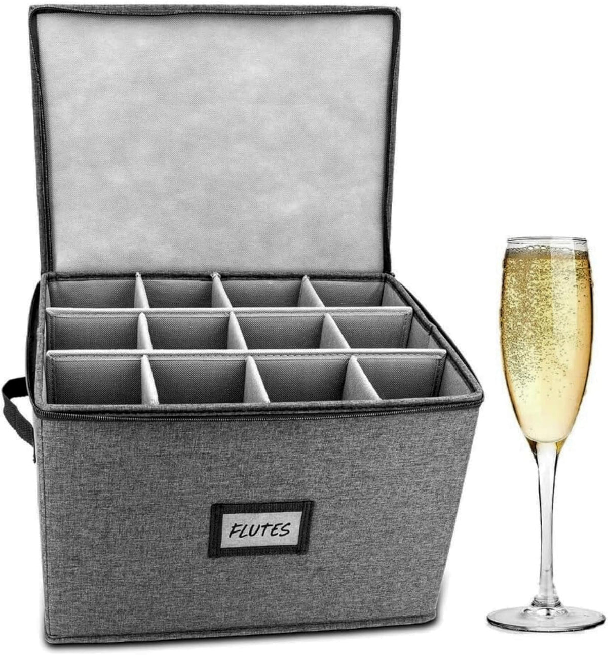 HOMELUX THEORY Champagne Flute Storage Box with Dividers, Hard Shell China Storage Containers, Heavy Duty Glassware Storage Box & Stemware Storage Container with Lid, Thick Surface, and Sturdy Handle