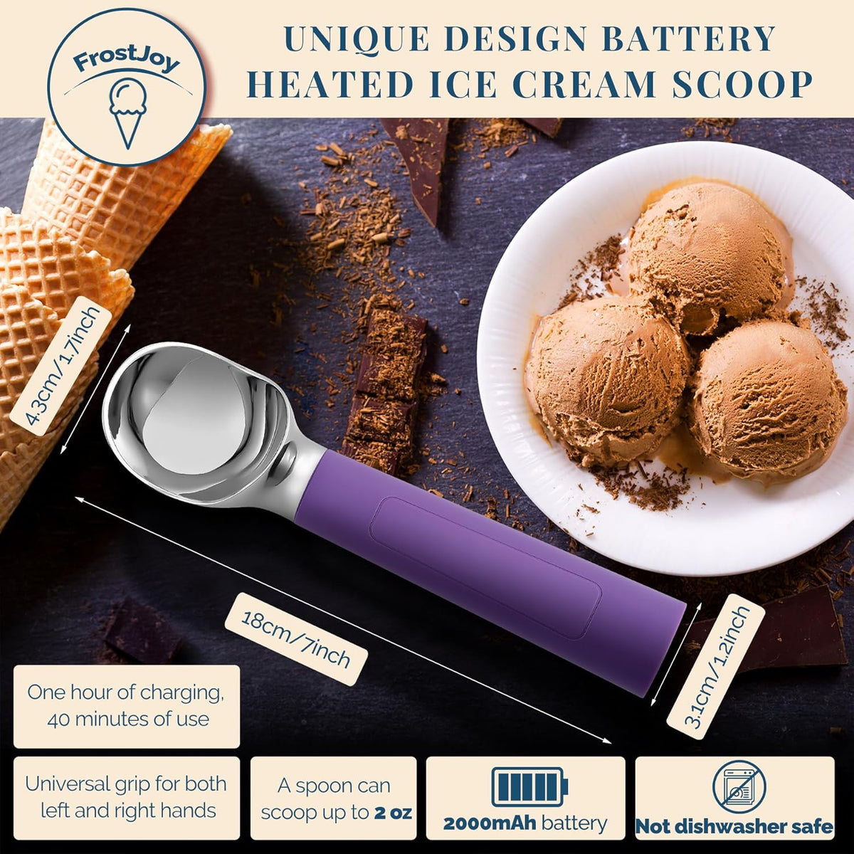 Heated Ice Cream Scoop Rechargeable, Electric Warming Ice Cream Scooper with LED Display, Heats to 158°F for Hard Ice Cream, Easy for Seniors & Kids, IP67 Waterproof (Royal Purple, 2oz)