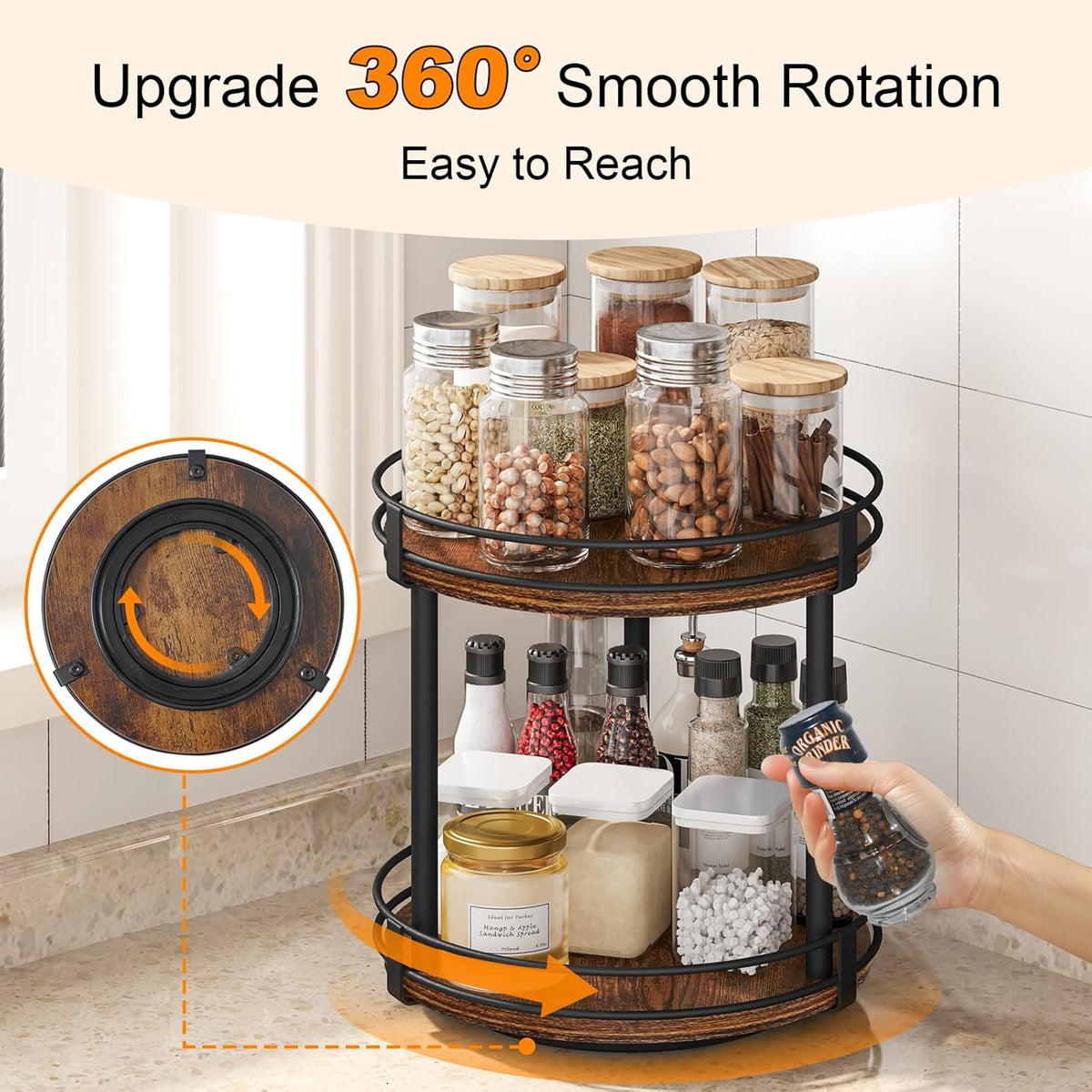 Snughome Rotating Spice Rack, 2 Tier Lazy Susan Organizer, Wood Kitchen Countertop Organizer, Brown Lazy Susan Turntable for Cabinet, 10.2" x 10.2" x 10.4"