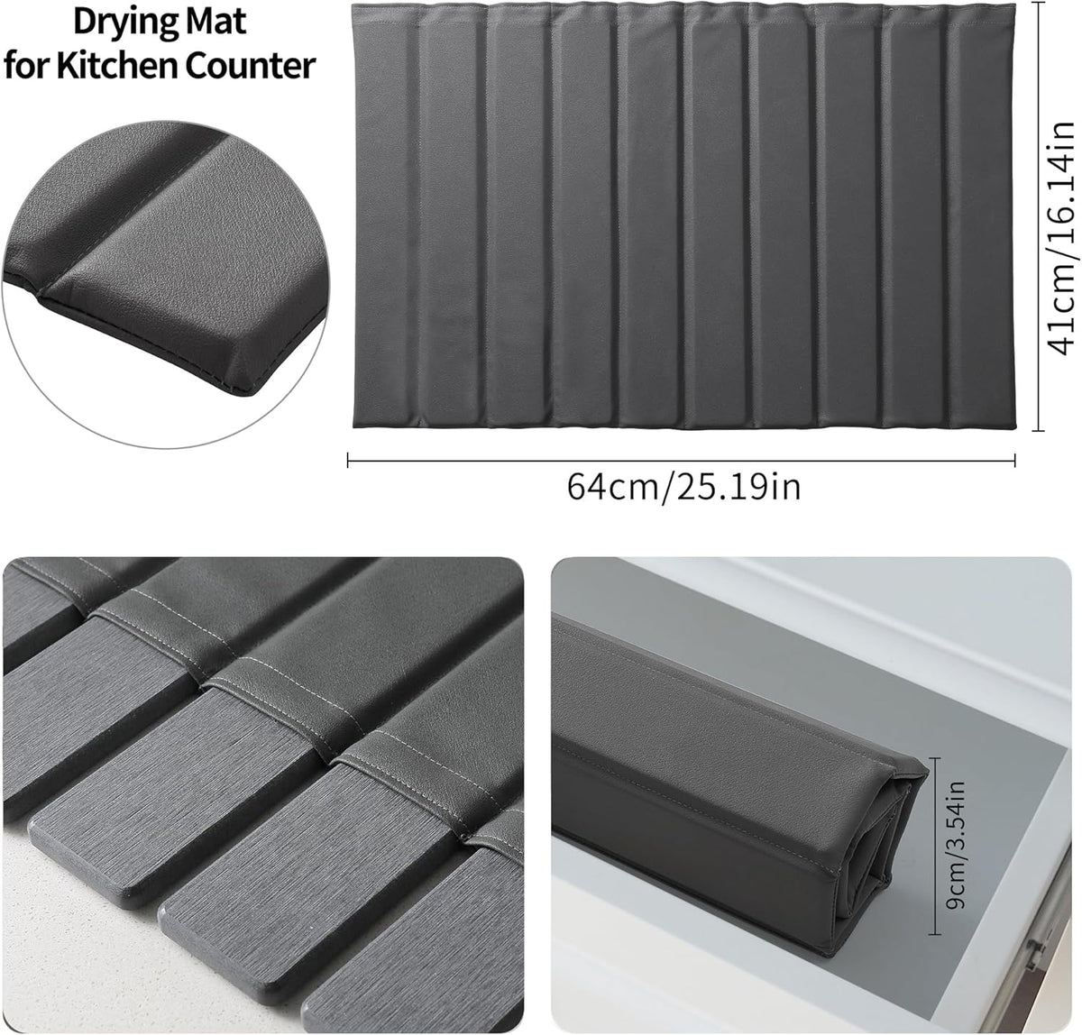 Stone Drying Mat for Kitchen Counter, Large Collapsible Diatomaceous Earth Supe Absorbent Quick Dry Stone Mat Kitchen，PU Leather Surface Removable and washable (Dark Gray, 23.6”x15.4”)