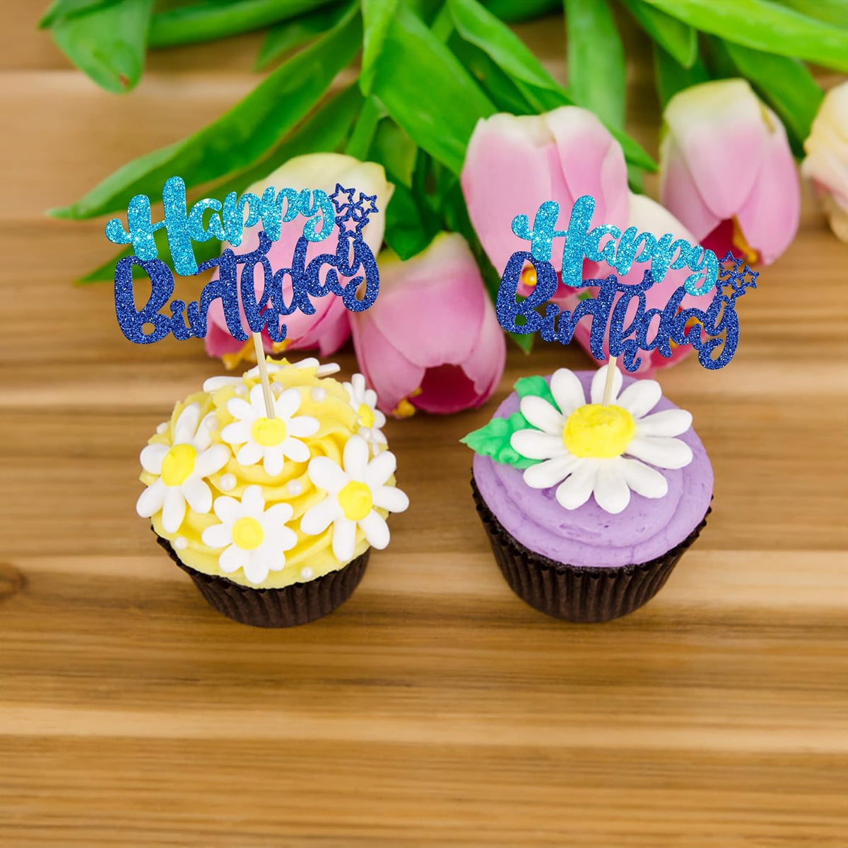 Ephlyn 24Pcs Happy Birthday Cupcake Toppers Double Layer Glitter Happy Birthday Cake Decorations for Baby Shower Theme Kids Boys Girls Birthday Anniversary Party Decorations Supplies Blue