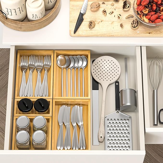 Bamboo Drawer Organizer, Set of 9 Wood Kitchen Junk Tea Desk Office Tray, Wooden Storage Boxes Organizers for Bathroom, Office (2" H 9 Boxes)