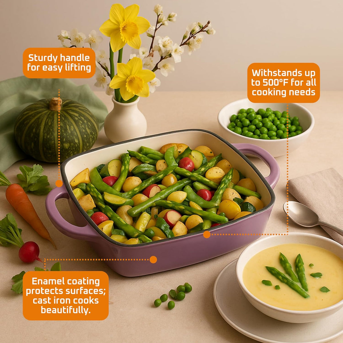 Bruntmor 2-in-1 Square Enamel Cast Iron Dutch Oven Baking Pan with Handles, Purple Baking Pans Set with Cast Iron Skillet, Braising Pan for Casserole Dish with lid, Oven Safe
