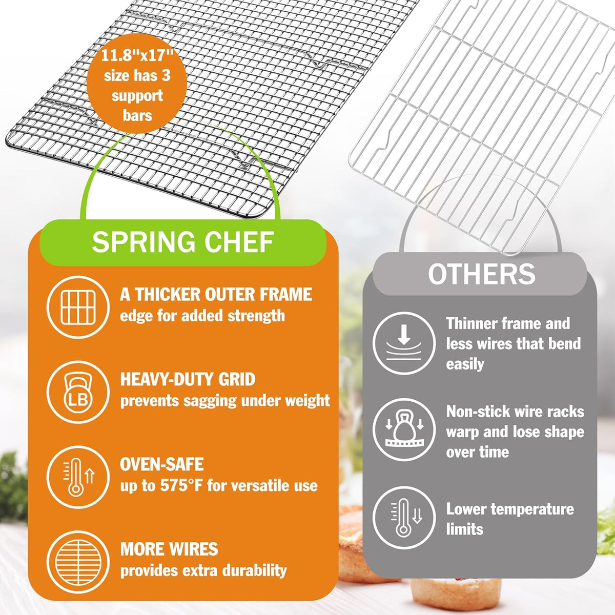 Spring Chef 11.8 x 17 Inch Stainless Steel Cooling Racks for Cooling & Baking - Oven Safe - Wire Roasting Racks for Oven Use - Fits Half Sheet Cookie Pan - Dishwasher Safe - Set of 2