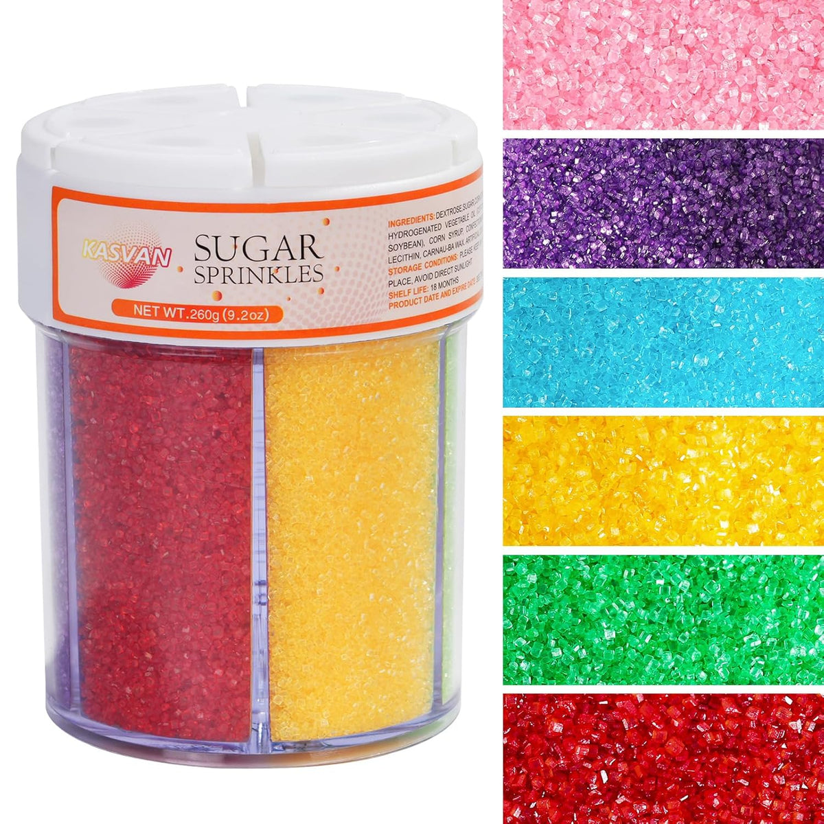 KASVAN Edible Sanding Sugar Sprinkles, 9.2oz Rainbow Sugar Sprinkles, 6 Colors Pink Blue Purple Yellow Green Red, Sparkling Crystals for Cake, Cupcakes, Cookies & Desserts