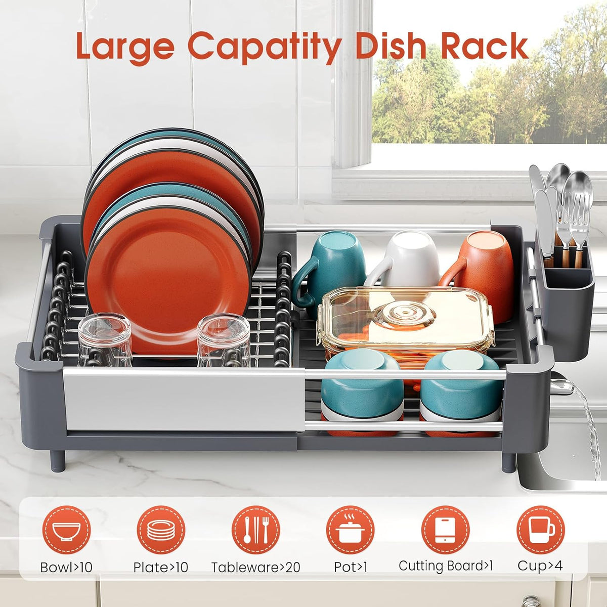 TOOLF Dish Drying Rack for Kitchen Counter, Extendable Dish Rack with Drainboard, Expandable Dish Drainer, Collapsible Dish Strainer with Cutlery Holder, Foldable Home Plate Rack, Alu Gray