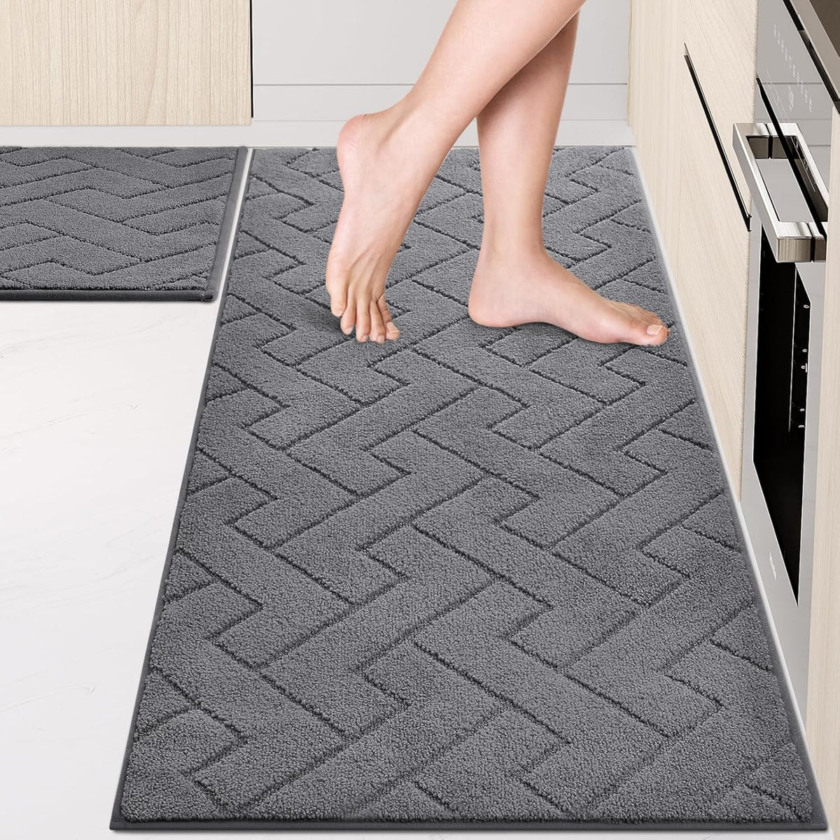 Machine Washable Kitchen Rugs Set (24" x 36"+24" x 60"), Non-Slip Kitchen Runner Rugs Mats for Floor, Absorbent Comfort Standing Mats for Kitchen, Sink and Hallway, Rolled Packaging, Grey