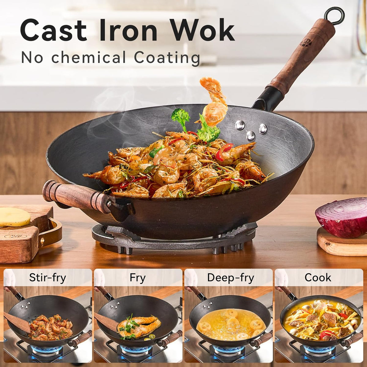 WANGYUANJI 13.4 Inch Cast Iron Wok with Lid – Flat Bottom Chinese Stir Fry Pan, Handcrafted Non-Coated Iron Cookware for Induction, Gas & Electric Stoves, Black