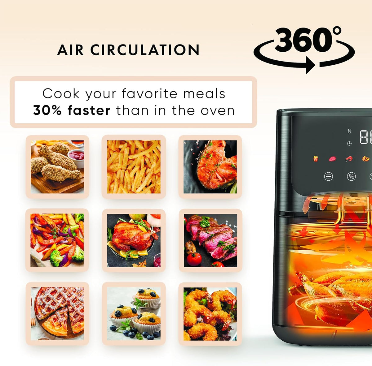 Stainless Steel Air Fryer ROKO 3D with Visible Window - 5Qt Capacity for 3-5 Persons | 18 in 1 - Fry, Bake, Toast, Broil, Reheat without Oil - 1400W, Dishwasher Safe, Luxury Black and Silver