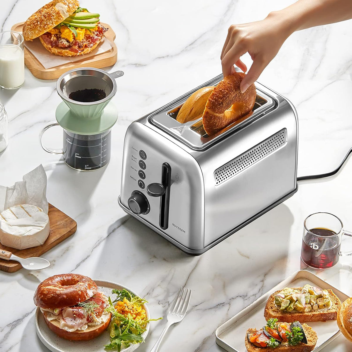 BUYDEEM DT620 2-Slice Toaster, Extra Wide Slots, Retro Stainless Steel with High Lift Lever, Bagel and Muffin Function, Removal Crumb Tray, 7-Shade Settings,Stainless Steel