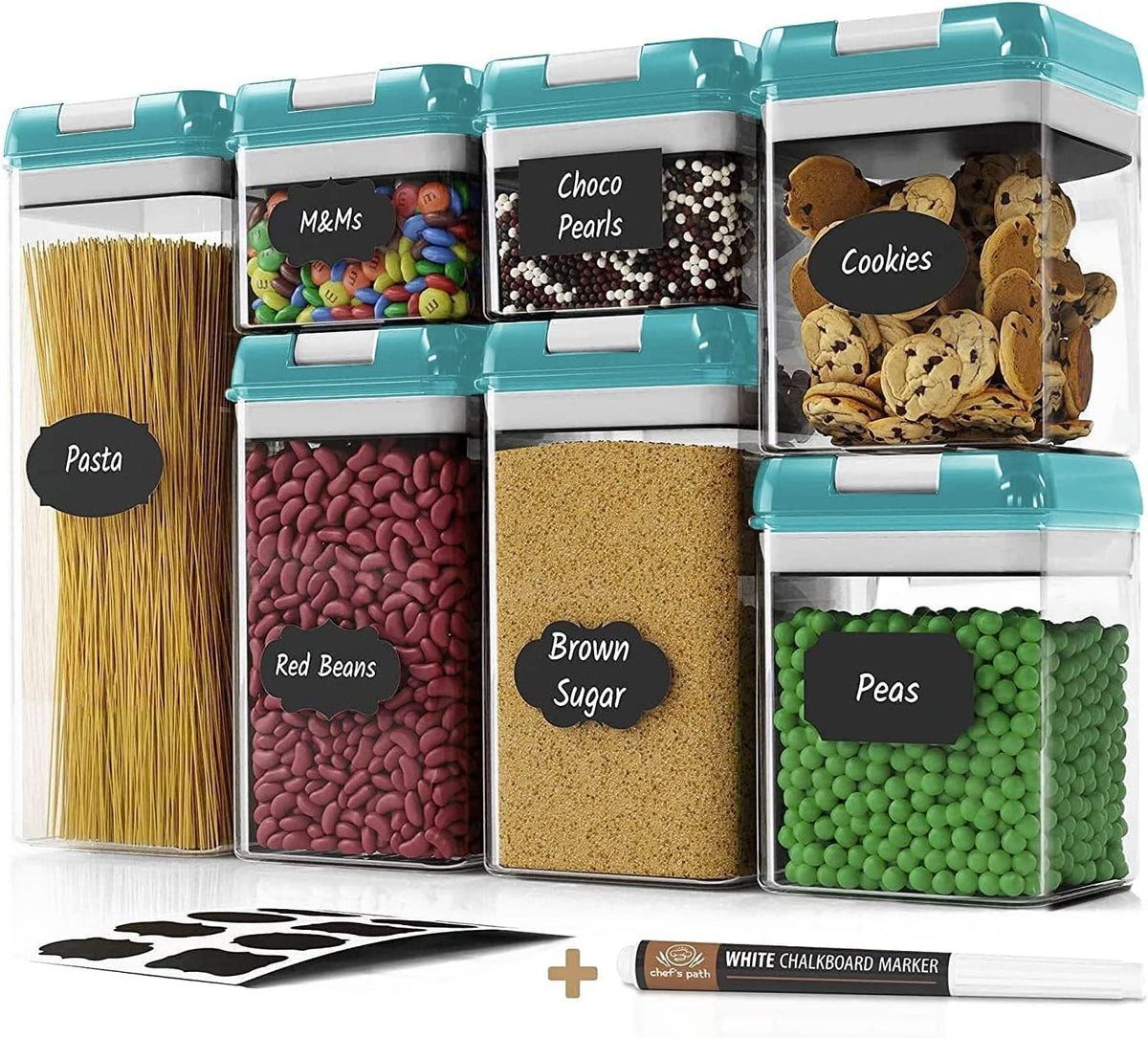 Airtight Food Storage Containers for Pantry Organization & Storage - 7 PC Pantry Organizer Plastic Containers for Food with Flip Lock Lids - Stackable Sugar Container & Food Storage Canisters (Teal)