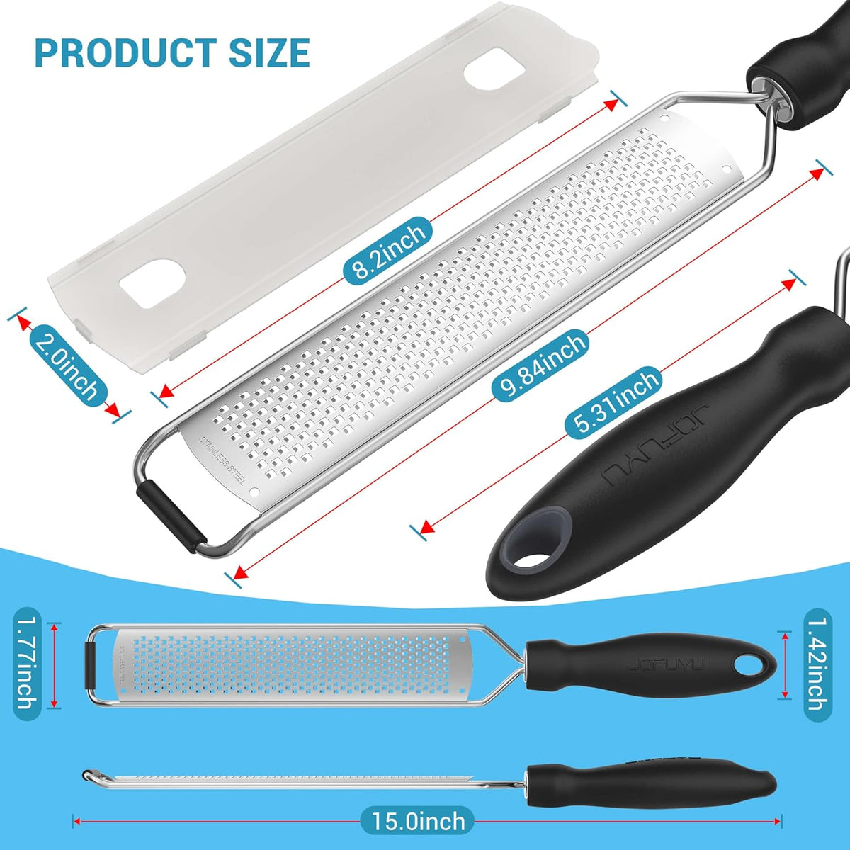 Premium Lemon Zester Grater with Handle, Ultra Sharp Stainless Steel Blade for Cheese, Citrus, Ginger, Garlic & Chocolate, Non-Slip Grip, Safety Cover & Cleaning Brush