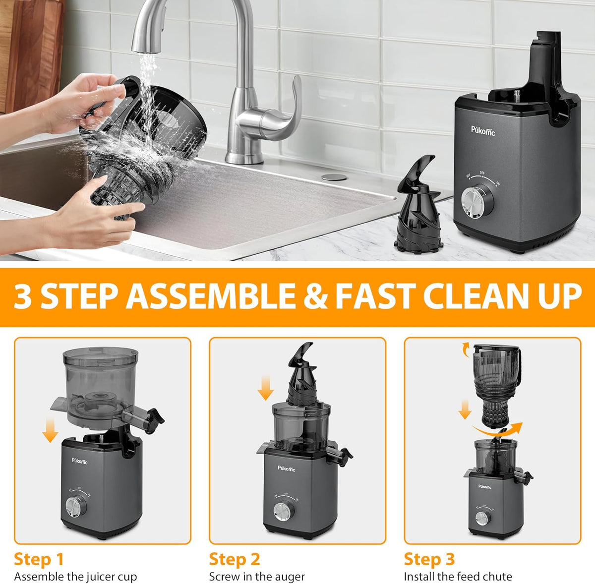 Pukomc Cold Press Juicer,5.8" Wide Feed Chute Juice Extractor Machine with 300W,Slow Masticating Juicer for Whole Vegetables & Fruits,High Juice Yield,Easy to Clean,Grey