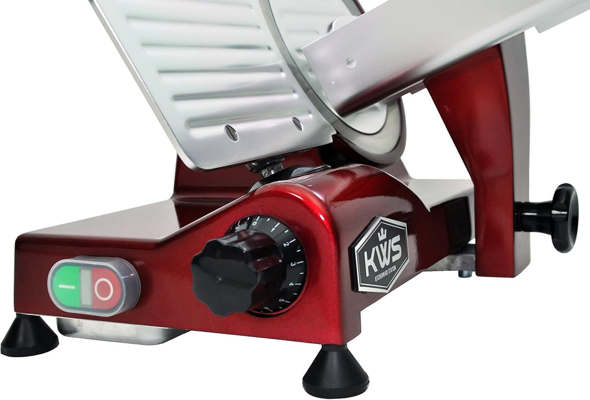 KWS MS-6RS Premium 200w Electric Slicer 7.67-Inch in Red Stainless Steel Blade, Frozen Meat Deli Meat Cheese Food Slicer Low Noises Commercial and Home Use
