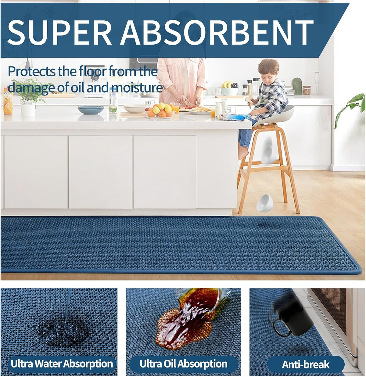 Kitchen Mats for Floor, Super Absorbent Kitchen Rugs Non Slip Washable, Soft Imitation Linen Braided Kitchen Runner Rug, Standing Mat Kitchens Sink Mat, Easy to Clean, Blue 17x30