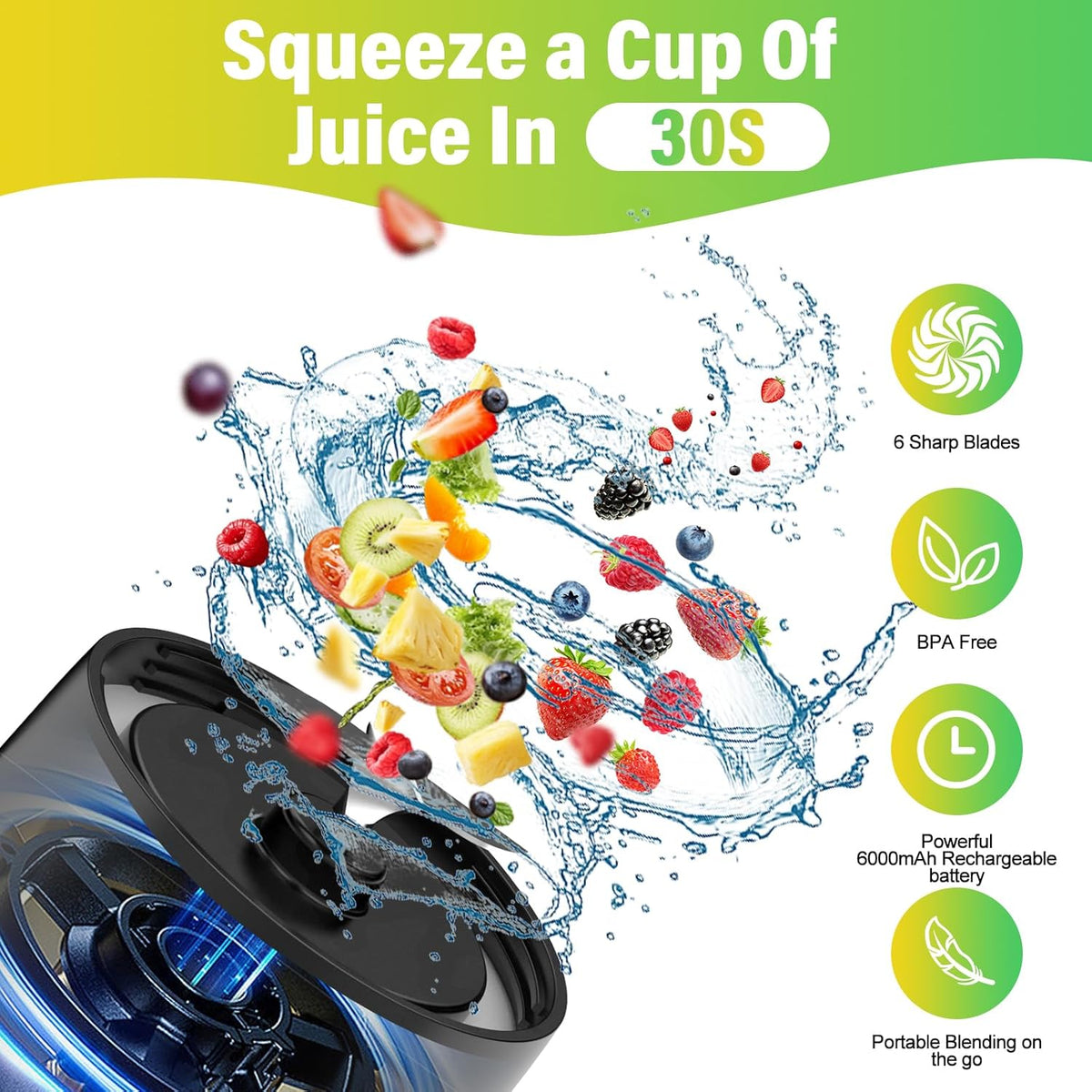 Portable Blender, 360W Personal Blender for Shakes and Smoothies for Kitchen, 24 Oz BPA Free Traveling Juicer Cup and Lid with 6 Blades, Self Cleaning Portable Juicer for Kitchen/Travel/Gym, Black
