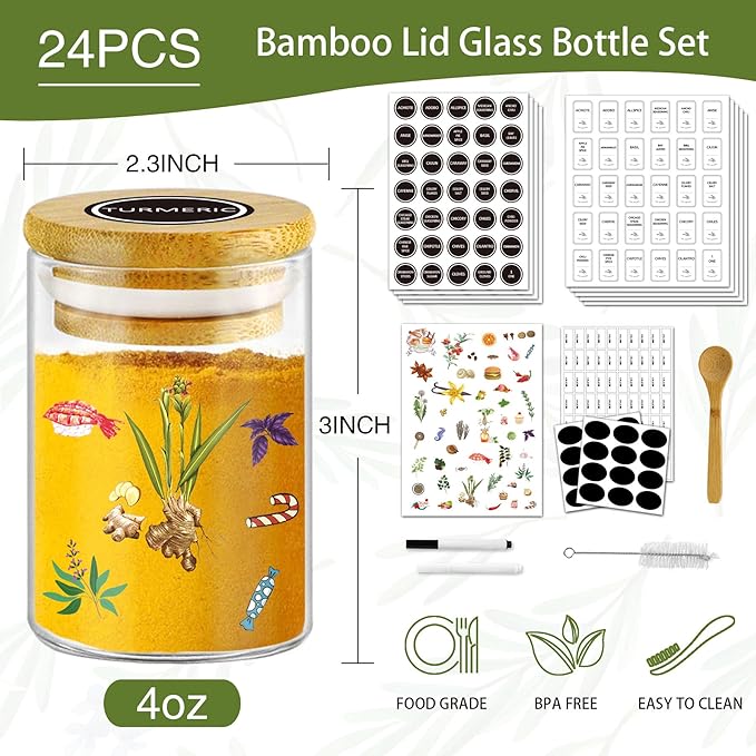 SLifeJars-Spice Jars with Label, 4 oz 24 pcs Spice Containers Glass Jars with Bamboo Lids, Seasoning Containers Bottles, Airtight Empty Glass Jars for Spice Rack,Drawer,Cabinet,Pantry
