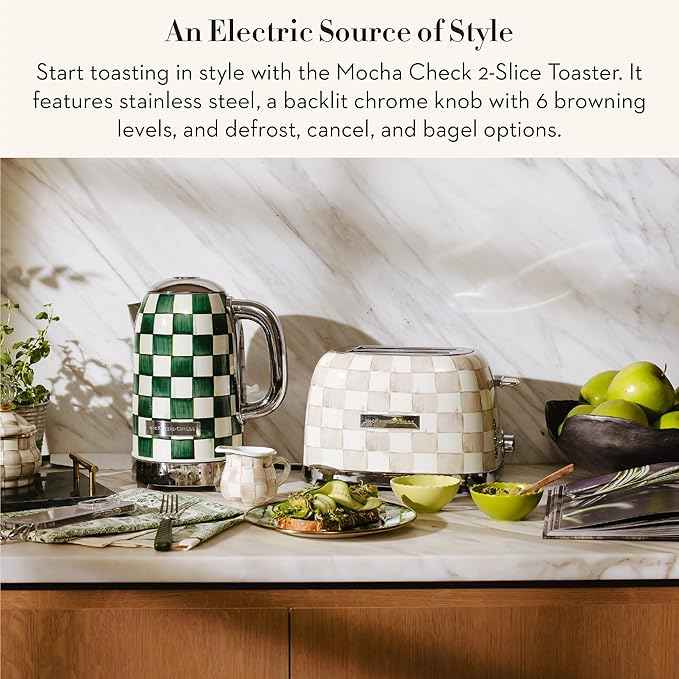 MACKENZIE-CHILDS 2-Slice Toaster, Decorative Toaster for Kitchen, Brown-and-White Mocha Check