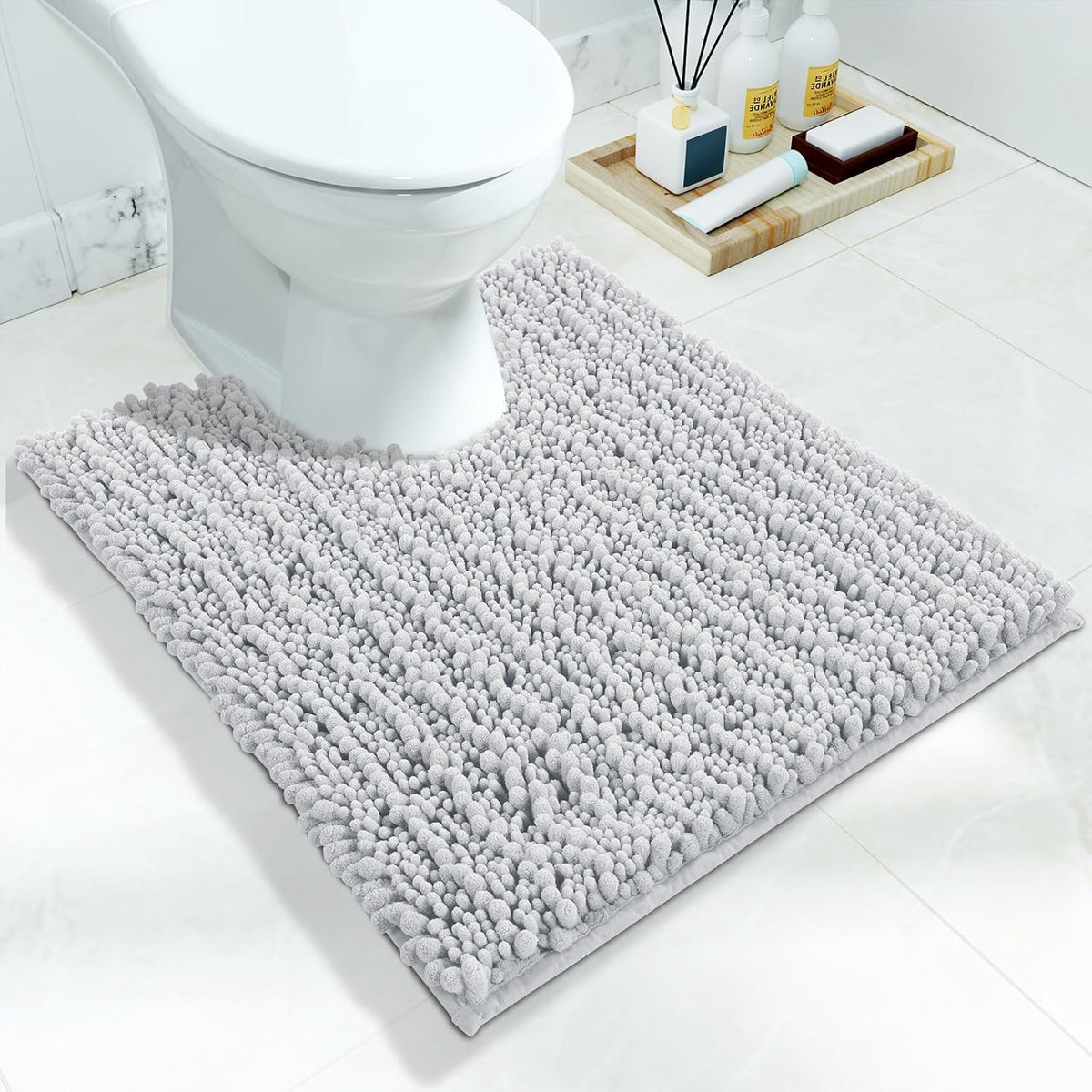 Yimobra Toilet Rug U Shaped Washable 24x20 Inch - Ultra Soft Absorbent Chenille Bath Rugs for Toilet, Quick Dry & Machine Washable, Non Slip Contour Bathroom Mat, Silver