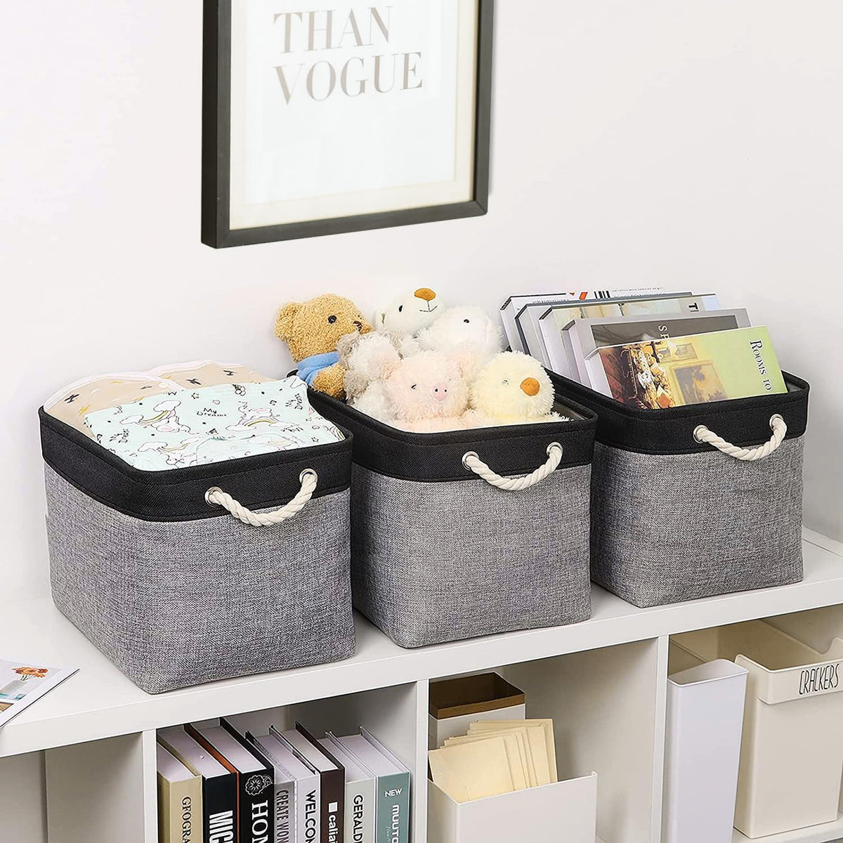 TheWarmHome Storage Basket for Organizing - 16x12x12 inch Cube Storage bin 3 Pack Fabric Storage Cubes, Collapsible Storage Box for Organizer Cloth Gift Toy Closet (Black & Grey)