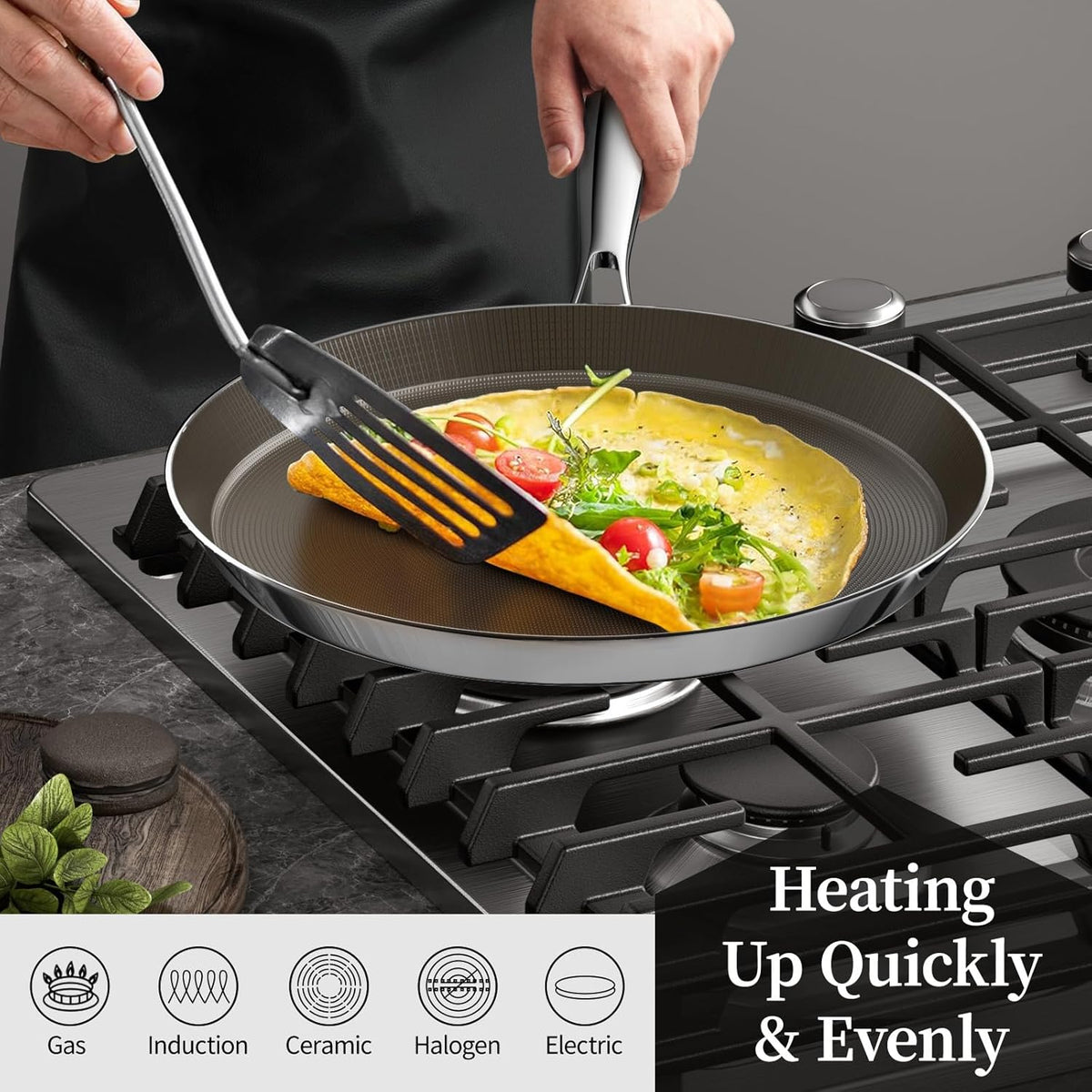 12 Inch Stainless Steel Crepe Pan - Titanium Ceramic Nonstick Crepe Pan, Stainless Steel Dosa Pancake Pan, Non Stick Flat Skillet Tawa Dosa Tortilla Griddle Pan, Induction Compatible, PFAS&PTFE Free