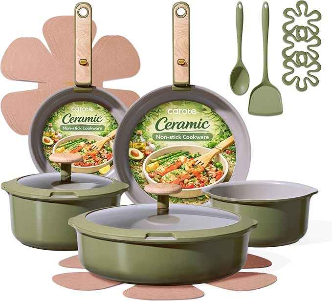 CAROTE 18 Pcs Ceramic Cookware Set Detachable Handle, Non Toxic Pots and Pans Set Non Stick, Induction Kitchen Cookware Removable Handles, Oven Safe, Stackable RV/Camping Cooking Set, Green