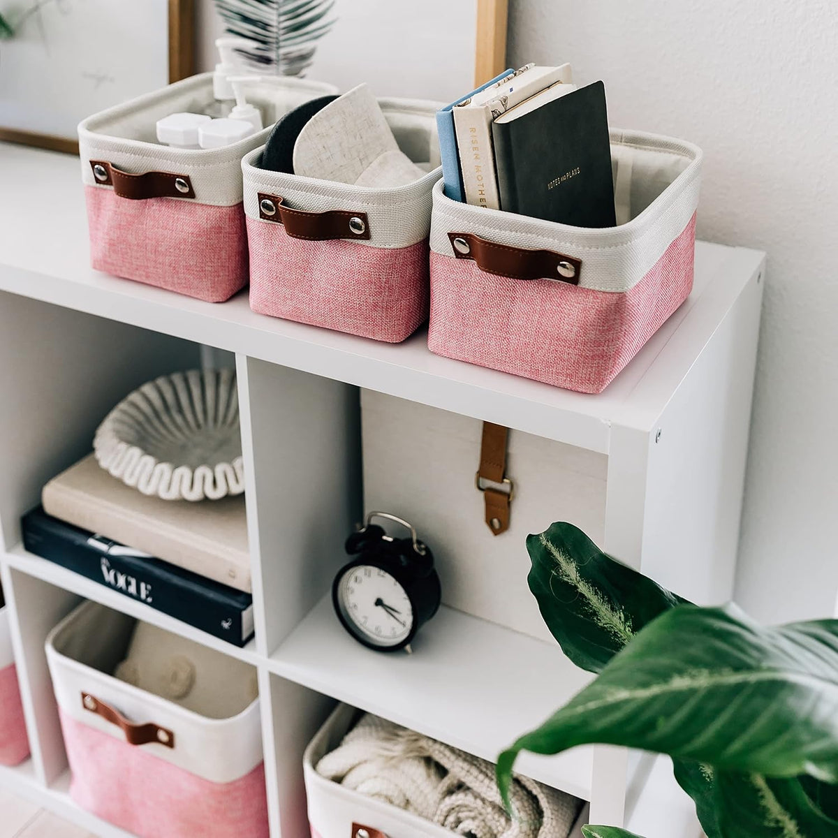 OrganiHaus Small Fabric Storage Baskets for Shelves 3 Pack, 12x8in Closet Storage Bins for Shelves, Cloth Baskets for Organizing, Linen Closet Organizers, Fabric Basket, Pink/White